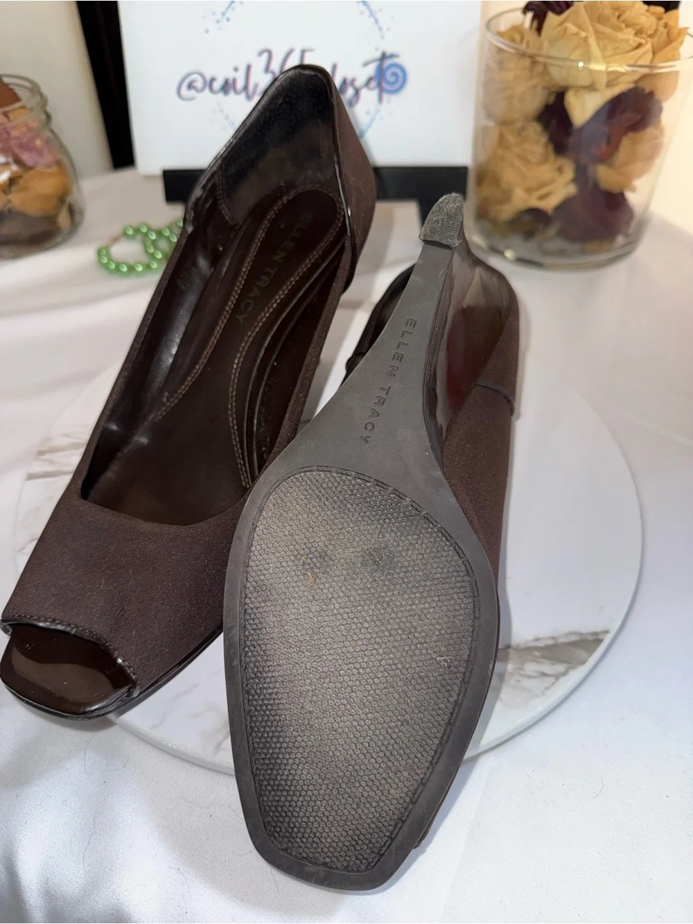 Ellen Tracy Dark Brown Peep-Toe Wedge Heels